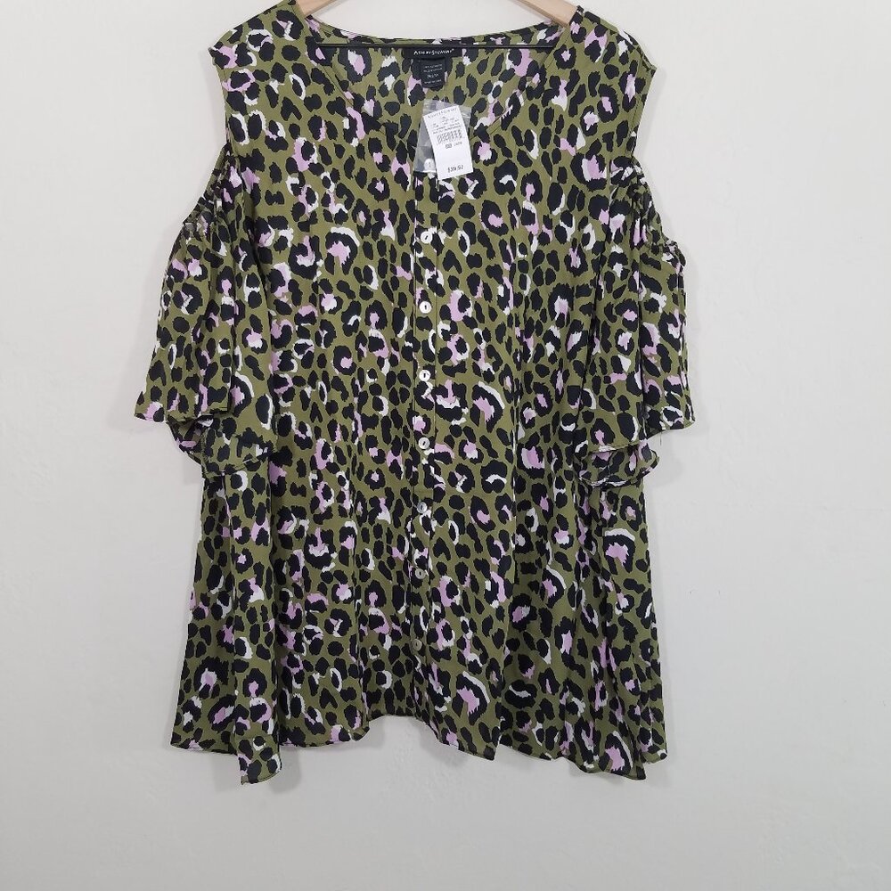 NWT Ashley Stewart Animal Print Cold Shoulders Button Up Top Blouse Size 26/28 - Picture 1 of 4
